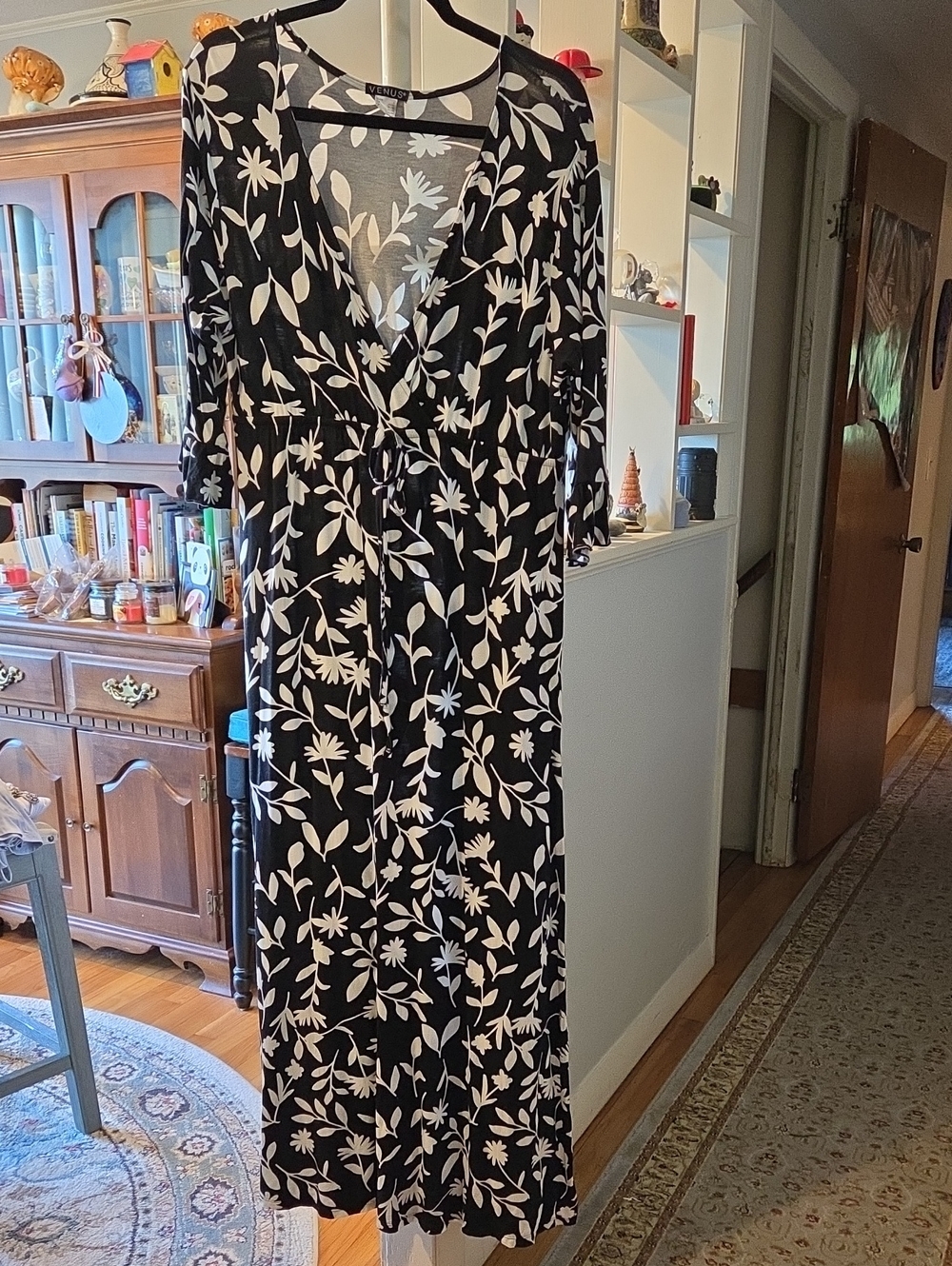VENUS Black Floral Maxi Cover-up Dress with White Botanical Print